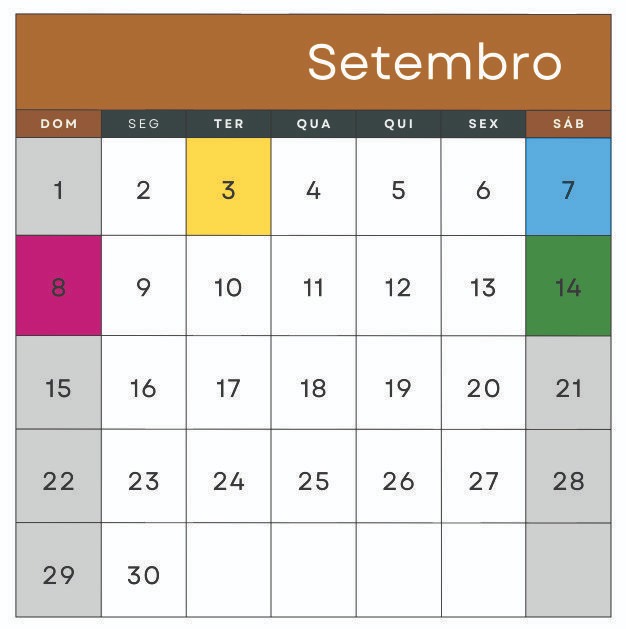 03 – Aniversário de Ilhabela 07 – Independência do Brasil 08 – Nossa Senhora de Natividade da Serra 14 – Paz de Iperoig (Ubatuba)