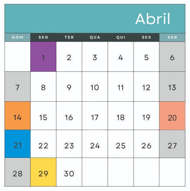 01 – Dia de São Benedito (Taubaté)
14 – Aniversário de Caçapava
20 – Aniversário de Caraguatatuba
21 – Tiradentes
29 - Aniversário de Campos do Jordão