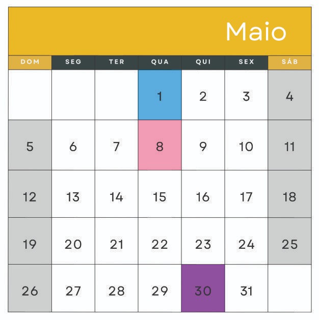 01 – Dia do Trabalhador
08 – Aniversário de São Luís do Paraitinga
30 – Corpus Christi (todas as cidades)